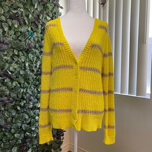 Ann Taylor LOFT-Women Cardigan Sweater V-Neck Yellow Striped Button Front size M